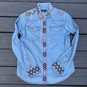 Driftwood Lana Embroidered Chambray Western Snap Shirt Blue Women's Small